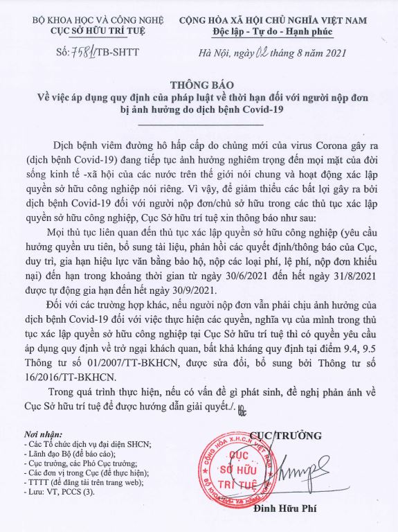 Thông báo Gia hạn thời gian đối với Người nộp đơn bị ảnh hưởng do dịch bệnh Covid-19