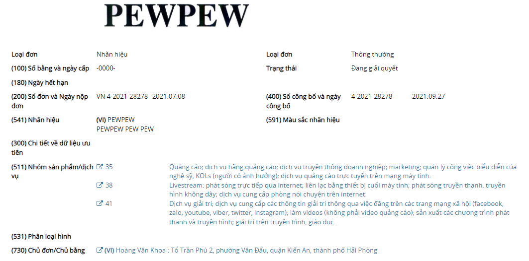 Streamer Hoàng Văn Khoa và nhãn hiệu “Pewpew” được đăng ký tại Cục Sở Hữu Trí Tuệ