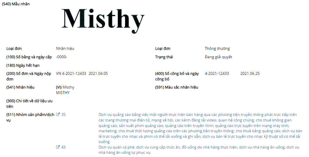 Tên nhãn hiệu “MISTHY” được đăng ký tại Cục Sở Hữu Trí Tuệ.