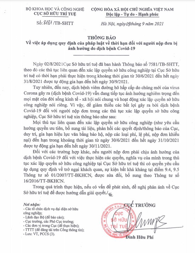 Thông báo số 8181/TB-SHTT ngày 9/9/2021 của Cục Sở hữu trí tuệ về việc áp dụng quy định của pháp luật về thời hạn đối với người nộp đơn bị ảnh hưởng do dịch bệnh Covid