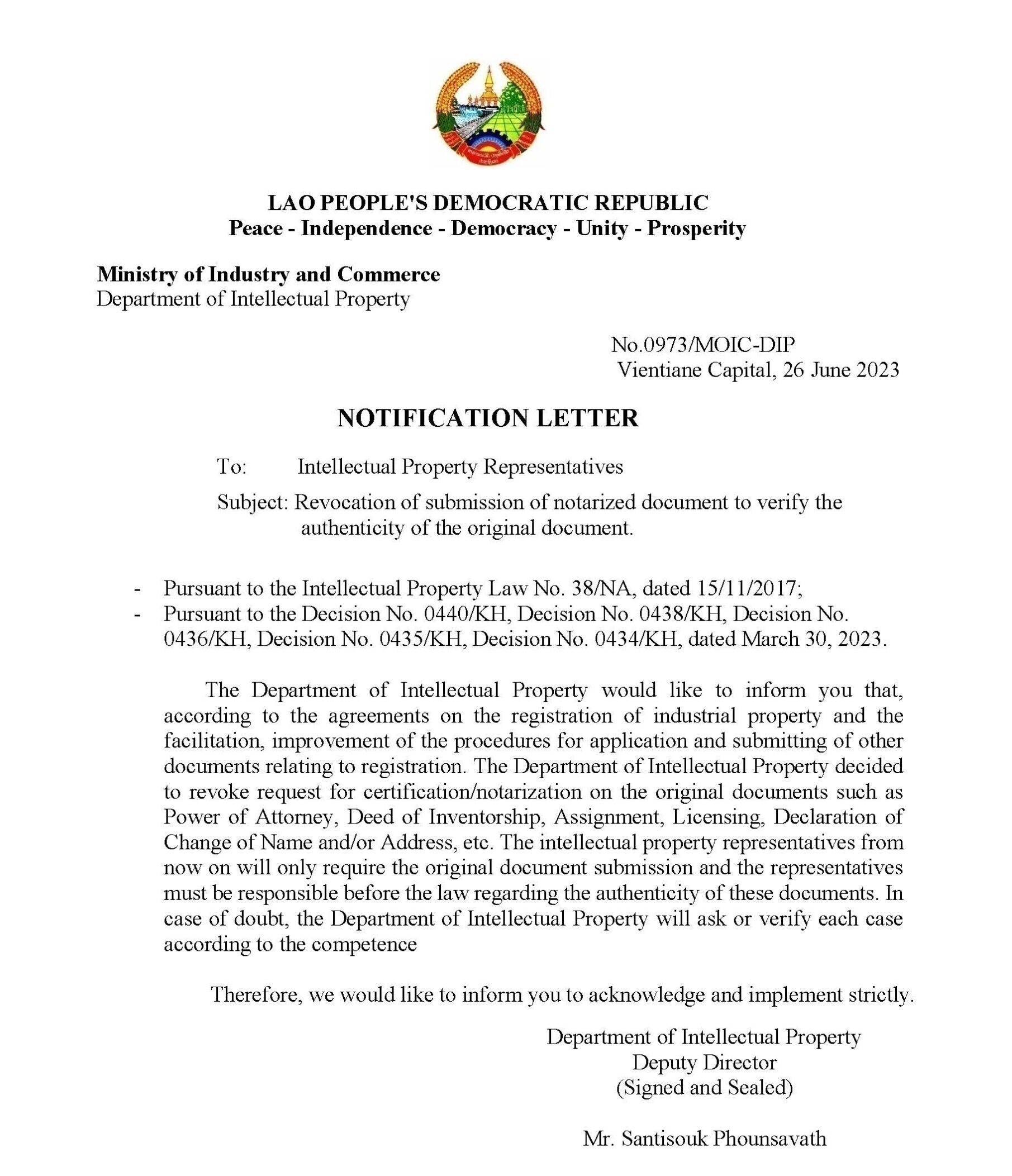 Notification: Revocation of submission of notarized document